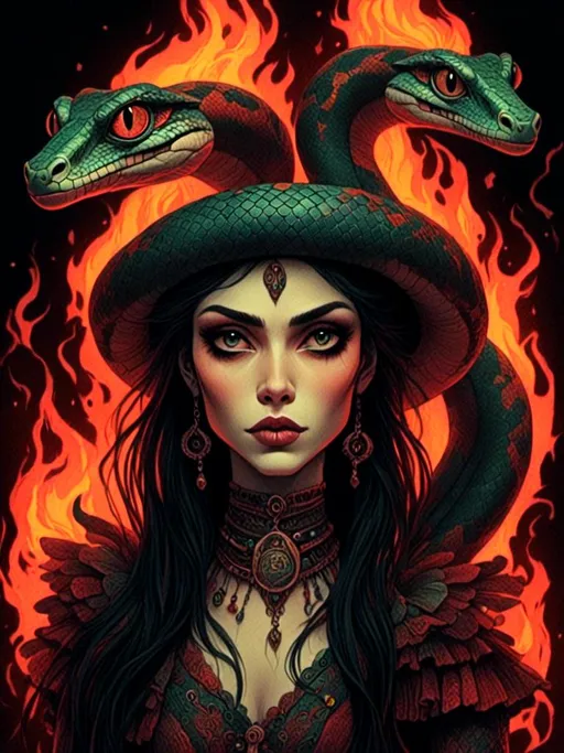 Prompt: <mymodel>vibrant snake lady portrait, flames