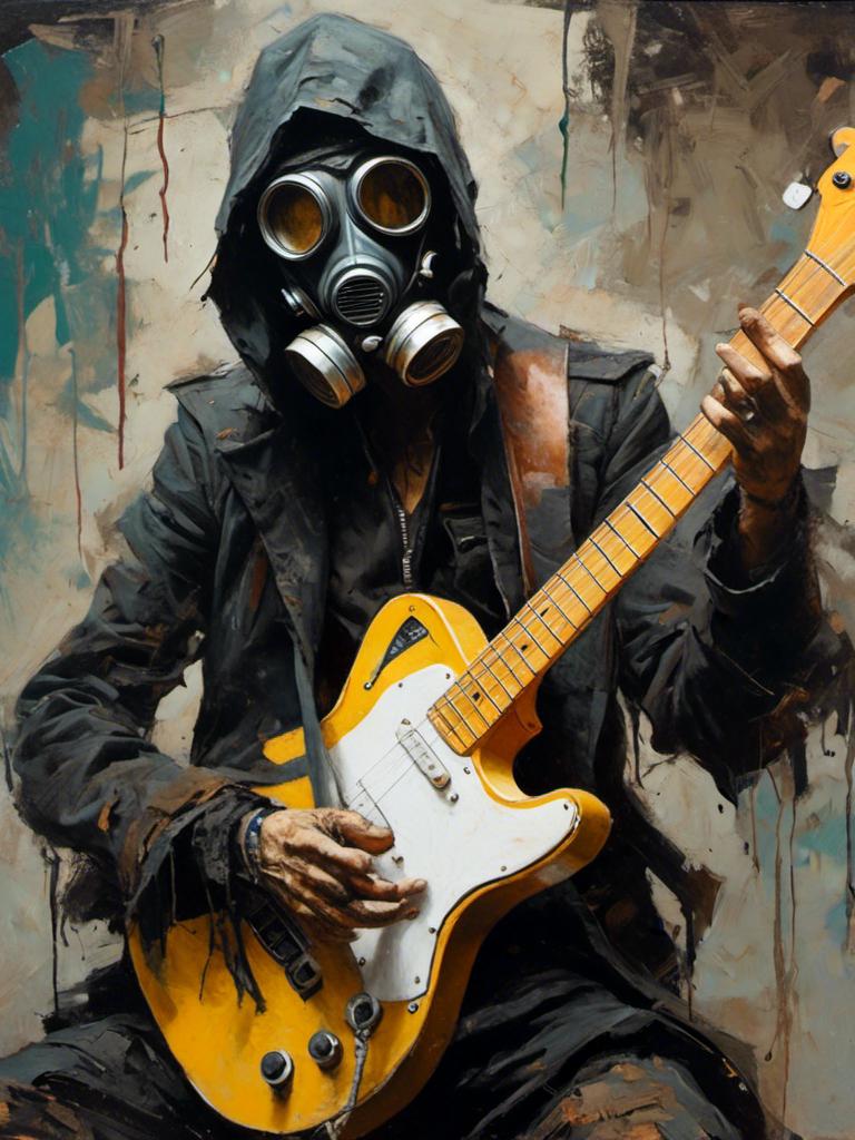 Prompt: <mymodel> cloaked man in gas mask playing guitar