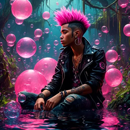 Prompt: <mymodel>(attractive man with spikey hair), sitting in a lush swamp, blowing a (pink bubble gum bubble), dressed in (edgy black and punk rock clothing), surrounded by a magical display of many (floating black and pink bubbles), vibrant atmosphere, (captivating details), moody lighting illuminating the scene, enchanting reflections in the water, (highly detailed), imaginative and stylish composition.