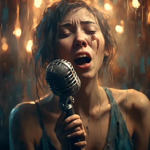 Prompt: <mymodel>portrait of beautiful woman singing karaoke into a (vintage microphone), joyful expression, captivating atmosphere, warm lighting that enhances features, soft focus background reminiscent of a cozy karaoke bar, rich color tones, (4K), ultra-detailed, evoking nostalgia, chill vibe perfect for a lively night out.