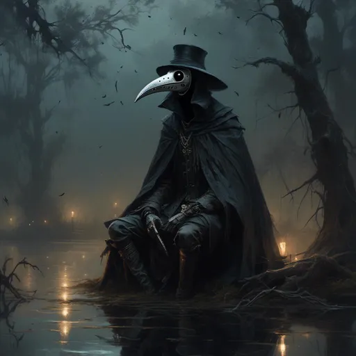 Prompt: <mymodel>(mysterious plague doctor), wearing a dark, tattered cloak, sitting in a murky swamp, fog swirling around, dimly lit by a pale moonlight, haunting atmosphere, surrounded by eerie silhouettes of twisted trees, reflections on the water, detailed textures on the cloak and mask, (ultra-detailed), (4K), goth themed, evoke feelings of intrigue and unease.