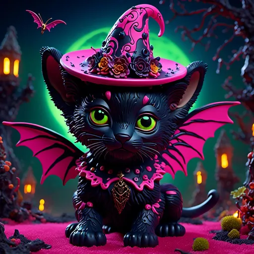 Prompt: <mymodel>(magical creature) baby panther with bat wings, wearing a witch hat, whimsical and fantastical, (playful pose) vibrant color palette, swirling shades of deep pink, green and midnight black, glowing eyes, intricate wing details, enchanting fantasy background with a starry night sky, (highly detailed) ultra-detailed illustration, captivating atmosphere of wonder and charm.