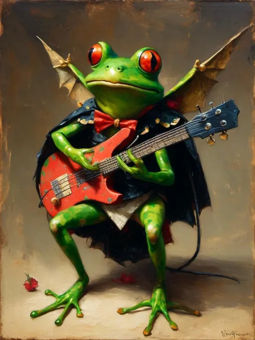 Prompt: <mymodel>frog with bat wings playing guitar