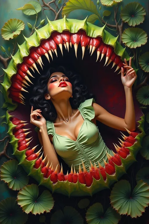 Prompt: (vibrant scene of a beautiful woman, gracefully) laying in the mouth of a gigantic Venus flytrap, enchanting colors, surreal atmosphere, rich greens and bold reds, striking contrast between the woman and plant, dreamlike, whimsical background with soft bokeh, detailed leaves and petals, ethereal lighting, high-quality artistry, (hyper-realistic).