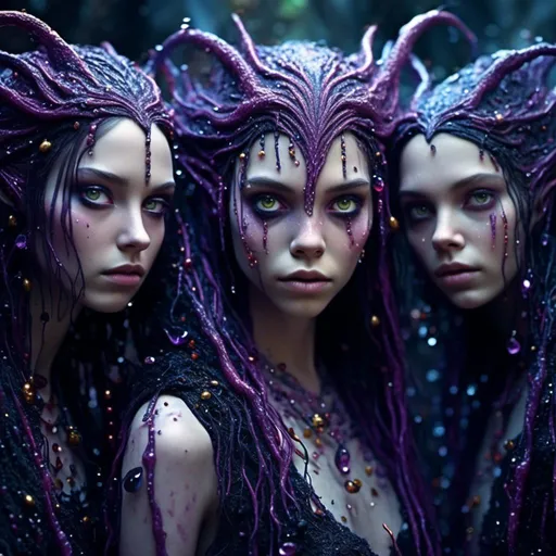 Prompt: <mymodel>Extremely hyperrealistic, ultra-detailed close-up of (three enchanting goth elven women) rising up from a murky, yet magical crystal cave swamp, super macro portrait, skin glistening with water beads, wet clothes. (extremely beautiful), long flowing dark hair ( very large shimmering eyes), delicate antennae, exotic allure, rich shades of purple, blue, black, green, and earthy tones vibrantly illuminating the scene, dramatic dark makeup enhancing their otherworldly features, captivating magical ambiance, 4K quality.