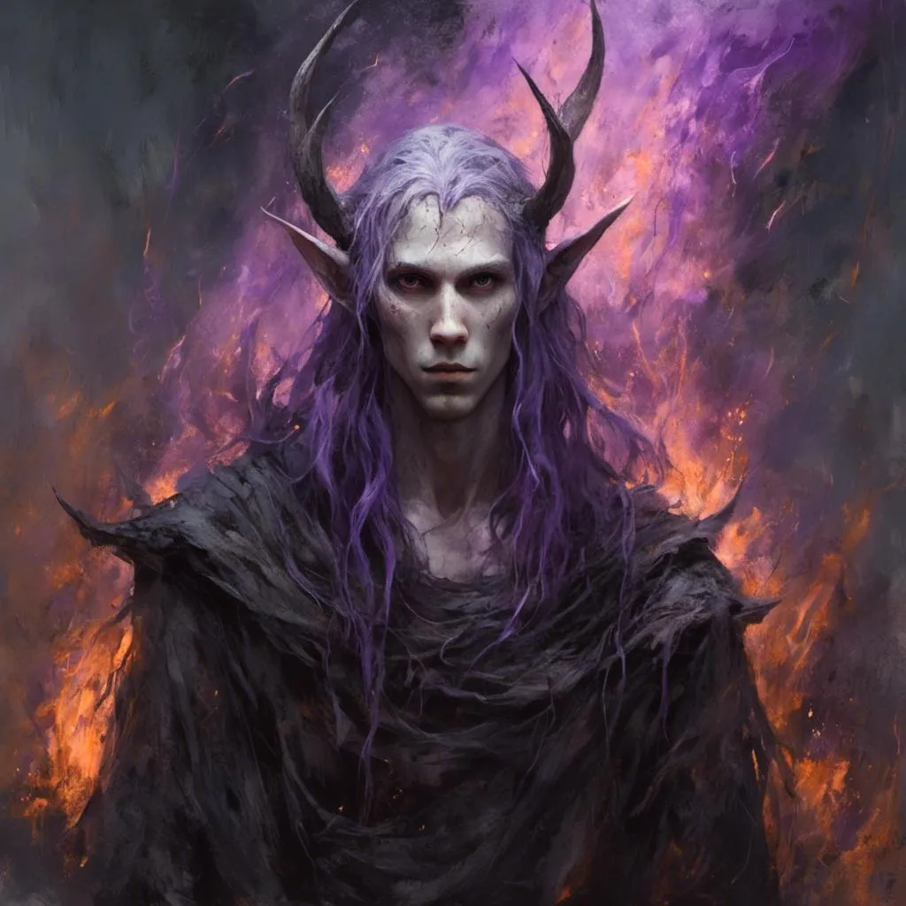 Prompt: <mymodel> attractive male elf with chiseled facial features, long hair, elf ears, in a burning field of purple flames