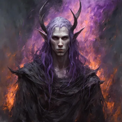 Prompt: <mymodel> attractive male elf with chiseled facial features, long hair, elf ears, in a burning field of purple flames