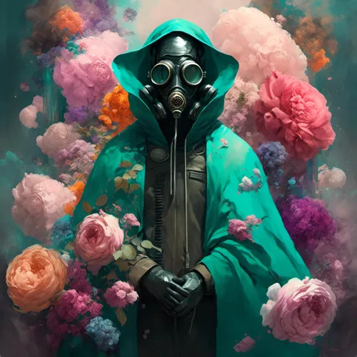 Prompt: <mymodel>man wearing a (mystical cloak) and (futuristic gas mask), surrounded by (giant flowers) towering majestically over him, vibrant colors contrasting with earthy tones, ethereal floating bubbles adding fantasy, soft light creating a dreamlike atmosphere, (teal), (black), (pink) accents, (highly detailed), (cinematic) quality, immersive and surreal ambiance in a whimsical field