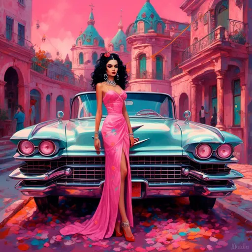 Prompt: <mymodel>(folk-art style), beautiful goth woman  standing confidently, in front of a (pink 1959 Cadillac), (vibrant colors), whimsical details, captivating expression, retro ambiance, 4K resolution, highly detailed background, enchanting atmosphere, nostalgic feel.