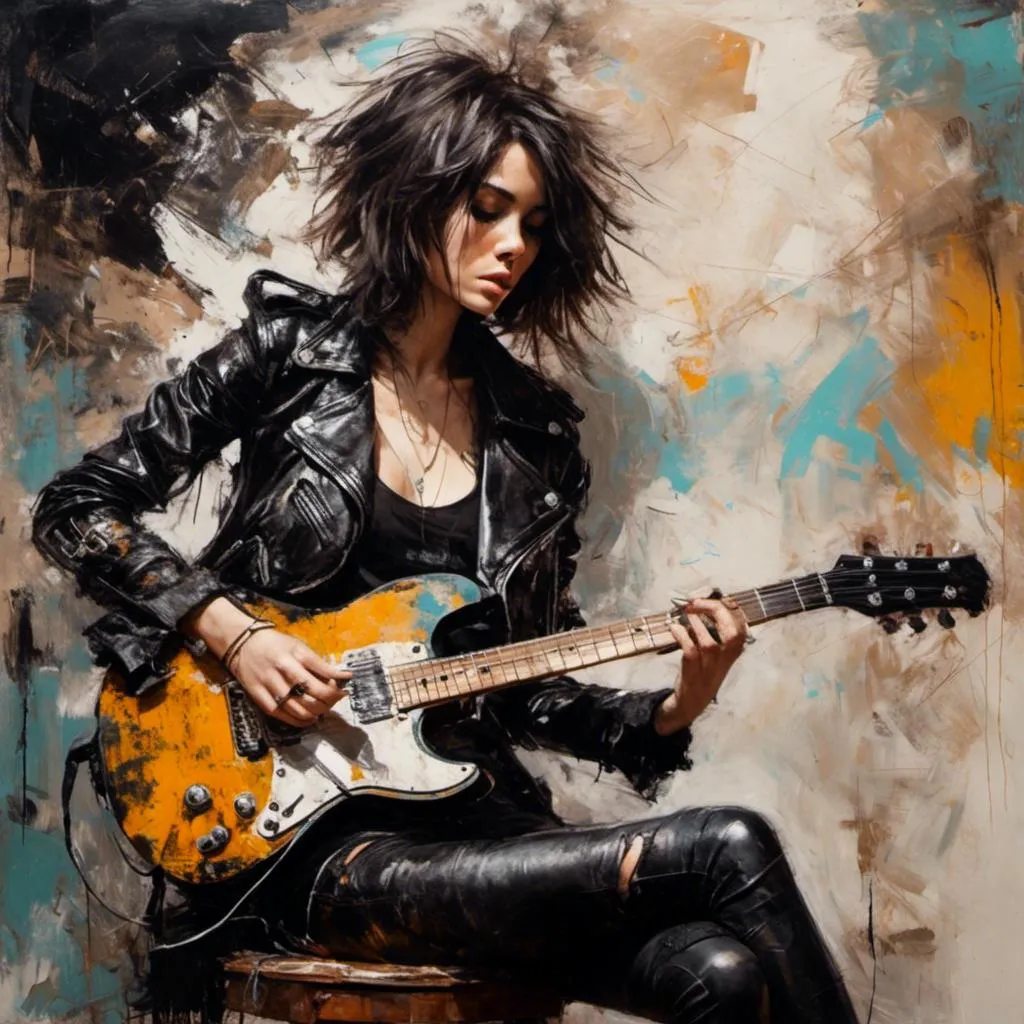 Prompt: <mymodel> edgy woman in leather jacket playing guitar