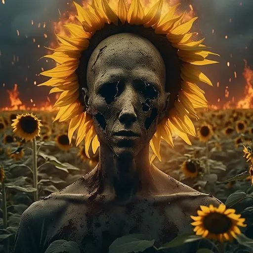 Prompt: (futuristic-vaporwave style), <mymodel> devil in a burning sunflower field, ultra-detailed, (dramatic) lighting, (moody) ambiance, intense colors, cinematic depth, rich dark color scheme, surreal atmosphere, dynamic flames illuminating sunflowers, high quality 4K, artistic vibe, striking contrast, enticingly unique twilight setting.