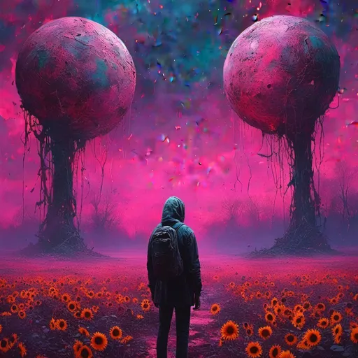 Prompt: (futuristic-vaporwave style), vibrant color scheme, (dramatic lighting), <mymodel> as a handsome devil, surreal and ethereal atmosphere, surrounded by an expansive burning field, enormous sunlowers and paml trees, flower bushes, bright pink and purple hues blending together, high contrast visuals, 4K ultra-detailed, whimsical yet haunting, immersive and vibrant.