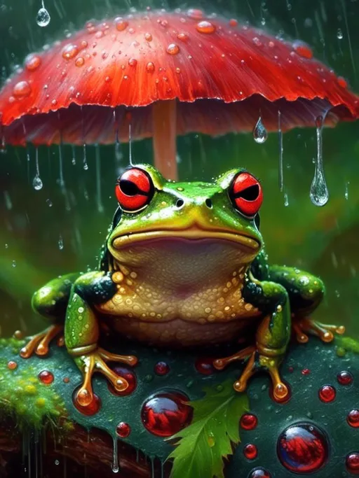 Prompt: <mymodel>macro portrait of a (vibrant) frog and snail sitting under a (bright red) mushroom in the rain, (highly detailed) textures of the frog's skin glistening with raindrops, (lush greenery) in the background, soft diffused lighting creating a (cozy) ambiance, rich depth of colors, (ultra-detailed) imagery, capturing the whimsical mood of a rainy forest setting.