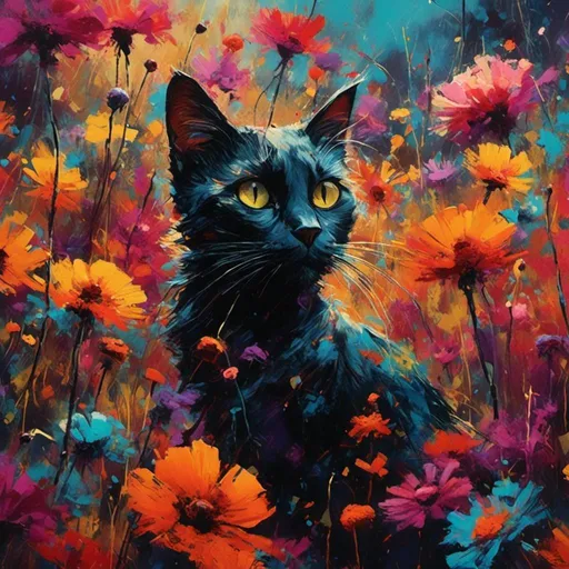 Prompt: <mymodel>(spooky cat), set against a vibrant flower field, surreal and whimsical atmosphere, play of light and shadow creating a haunting glow, whimsical flowers in multiple colors swaying softly, enchanting and slightly eerie vibe, 4K ultra-detailed imagery, gentle breeze rustling the petals, a contrast of darkness and vibrant nature harmoniously blending.