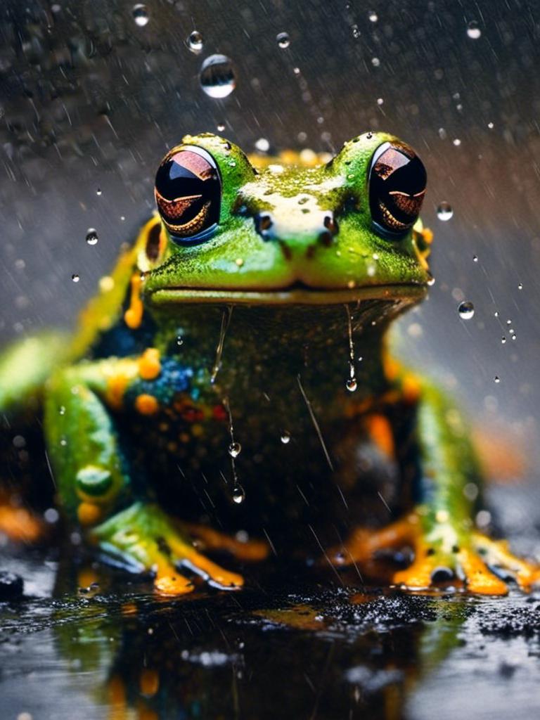 Prompt: <mymodel>macro portrait of a frog in the rain