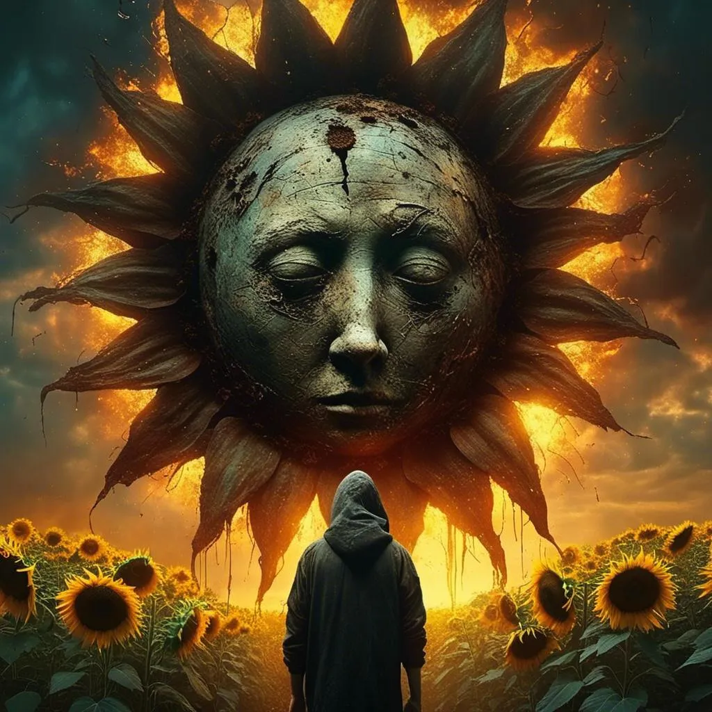 Prompt: (futuristic-vaporwave style), <mymodel> devil in a burning sunflower field, ultra-detailed, (dramatic) lighting, (moody) ambiance, intense colors, cinematic depth, rich dark color scheme, surreal atmosphere, dynamic flames illuminating sunflowers, high quality 4K, artistic vibe, striking contrast, enticingly unique twilight setting.