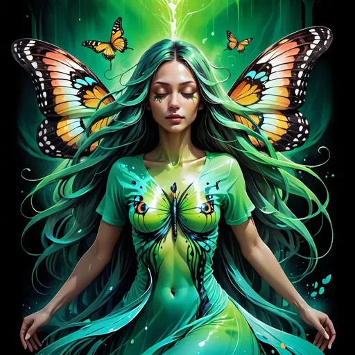 Prompt: (Attractive woman with long flowing hair and butterfly wings), ethereal green mist swirling around, (bold thick lines) enhancing texture, drippy goo elements incorporating surreal charm, mystical ambiance, ethereal lighting casting soft shadows, vibrant color contrasts pushing dramatic depth, an enchanting atmosphere creating whimsical intrigue, ultra-detailed, high-quality, dreamlike artistry.