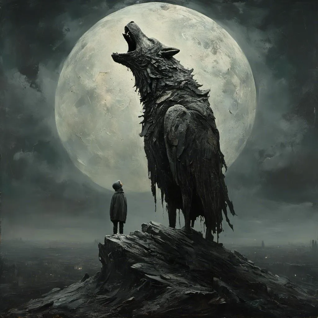 Prompt: <mymodel> wolf on a mountain top howling at the moon