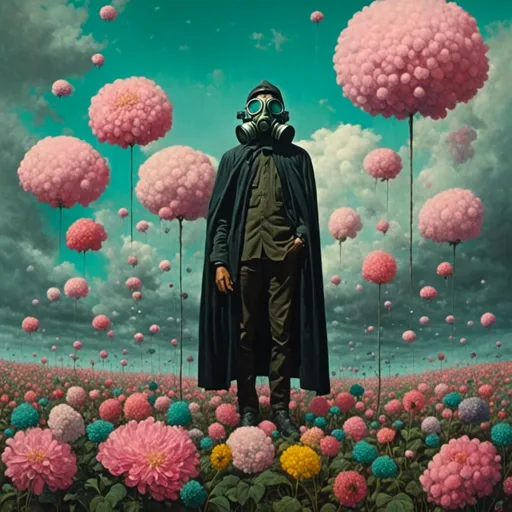 Prompt: <mymodel>man wearing a cloak and gas mask in a field of gigantic flowers towering over him, floating bubbles, teal, black, pink,earthy tones 