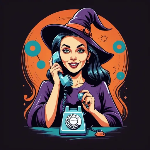 Prompt: Illustrated T-shirt design in cartoon style. 
Attractive witch woman talking on a retro phone. "Phone hex operator" written in thr design. Dark but vibrant colors and thick lines. vector, solid white background