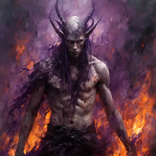 Prompt: <mymodel> attractive male elf with chiseled facial features, long hair, elf ears, in a burning field of purple flames