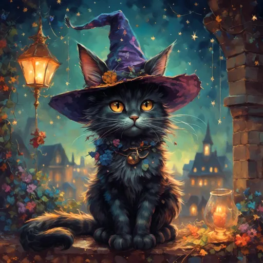 Prompt: <mymodel>lanky cat in witch hat, (whimsical style), (soft details), cozy atmosphere, enchanted setting, muted color palette, under a starry night, twinkling stars in the background, magical elements surrounding, playful expression, (highly detailed), (4K resolution), inviting charm and fantasy ambience.