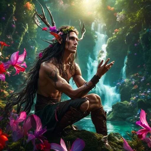 Prompt: <mymodel>(attractive male elf), chiseled facial features, long flowing hair, distinct elf ears, dynamic pose, surrounded by a vibrant landscape and flowers, dramatic lighting, atmospheric and surreal vibe, high contrast, mystical aura, ultra-detailed, cinematic HD quality.