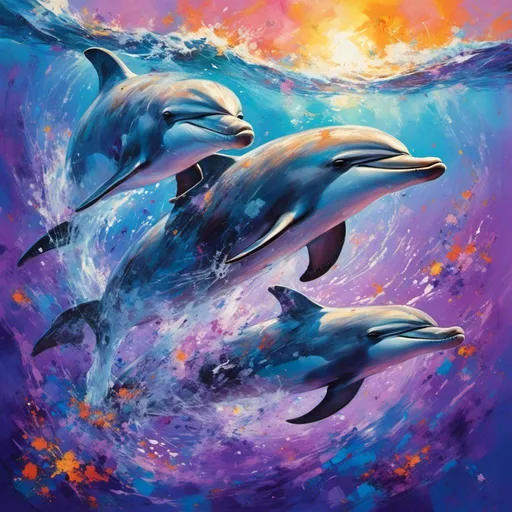 Prompt: <mymodel>(dolphins), (vibrant purple water), whimsical ocean scene, playful dolphins leaping gracefully,  exceptional realism, high-quality image, luminescent waves sparkling in the background