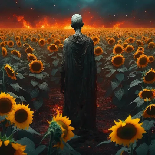 Prompt: (futuristic-vaporwave style), <mymodel> devil in a burning sunflower field, ultra-detailed, (dramatic) lighting, (moody) ambiance, intense colors, cinematic depth, rich dark color scheme, surreal atmosphere, dynamic flames illuminating sunflowers, high quality 4K, artistic vibe, striking contrast, enticingly unique twilight setting.