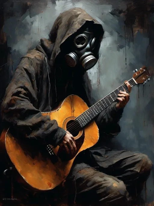 Prompt: <mymodel>(cloaked man in gas mask playing guitar), (mysterious atmosphere), dark, shadowy background, soft dramatic lighting, intricate details on the cloak texture, deep shadows emphasizing emotion, cinematic feel, (high quality), (ultra-detailed), haunting yet captivating vibe, captures both solitude and creativity in a dystopian setting.