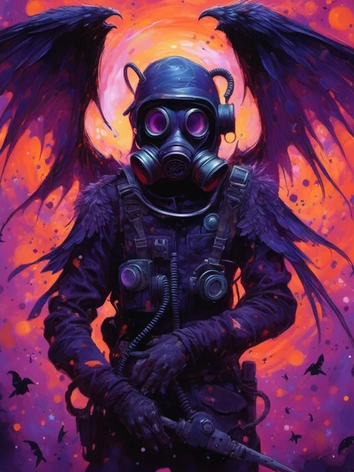 Prompt: <mymodel>(magical creature) man with gas mask and bat wings, whimsical and fantastical, (playful pose) vibrant color palette, swirling shades of deep purple and midnight black, glowing eyes, intricate wing details, enchanting fantasy background with a starry night sky, (highly detailed) ultra-detailed illustration, captivating atmosphere of wonder and charm.