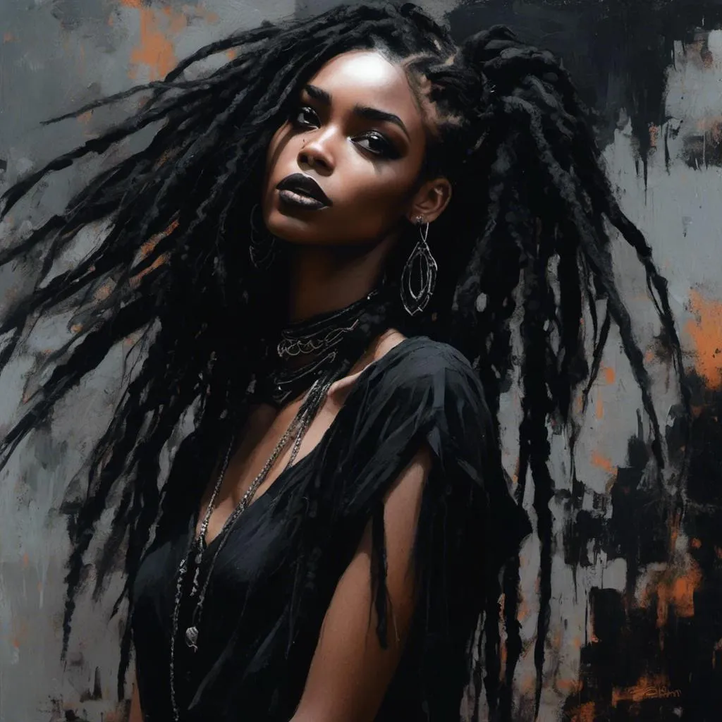 Prompt: <mymodel>(attractive black goth woman), (striking dreads), (intricate dark makeup), edgy fashion elements, (mysterious vibe), deep shadows, highContrast, moody ambiance, soft light highlighting features, ethereal atmosphere, captivating gaze, (highly detailed), (ultra-high quality), dark color palette, enchanting settings like a gothic backdrop or urban landscape.