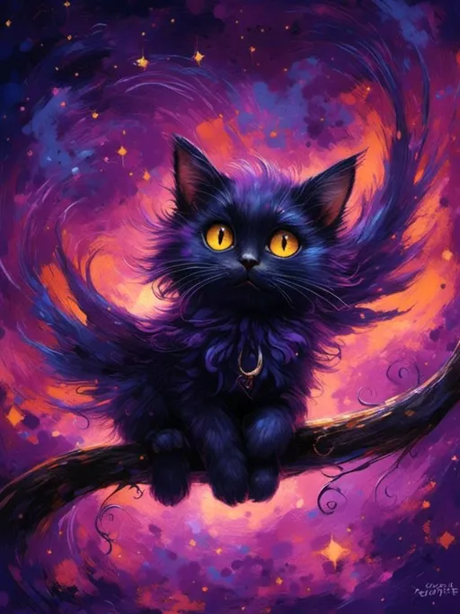 Prompt: <mymodel>(magical creature) cat with bat wings, whimsical and fantastical, (playful pose) vibrant color palette, swirling shades of deep purple and midnight black, glowing eyes, intricate wing details, soft fur texture, enchanting fantasy background with a starry night sky, (highly detailed) ultra-detailed illustration, captivating atmosphere of wonder and charm.