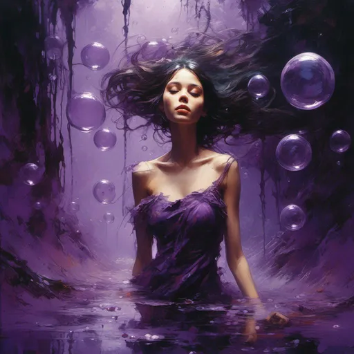 Prompt: <mymodel>portrait of beautiful woman rising out of a murky yet enchanting swamp, (purple water), (purple bubbles floating), dynamic lighting, mystical atmosphere, high contrast, ethereal glow, surreal elements, reflections on water surface, rich texture, deep shadows, vibrant colors, enchanting ambiance, atmospheric depth, adventure theme, captivating scene, (ultra-detailed), (4K).