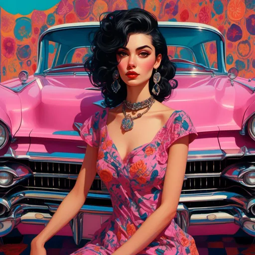 Prompt: <mymodel>(beautiful goth woman), folk-art style, standing confidently, in front of a (pink 1959 Cadillac), intricate patterns and decorative elements, (vibrant colors), whimsical details, captivating expression, retro ambiance, 4K resolution, highly detailed background, enchanting atmosphere, nostalgic feel.