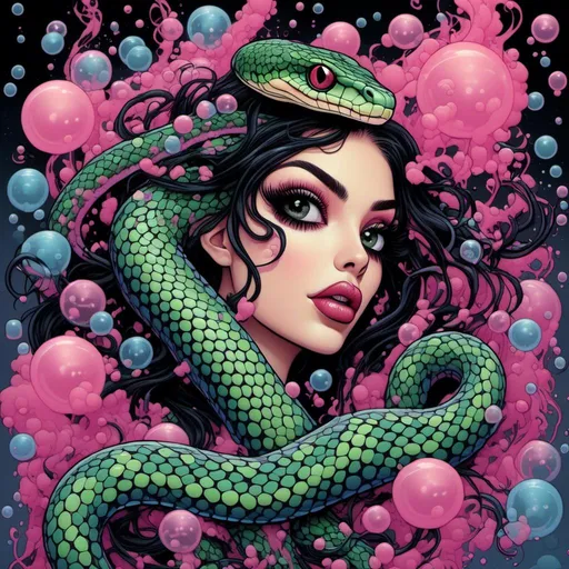 Prompt: <mymodel> surreal woman, snake, surrounded by bubbles and smoke