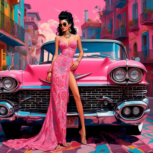 Prompt: <mymodel>(beautiful goth woman), folk-art style, standing confidently, in front of a (pink 1959 Cadillac), intricate patterns and decorative elements, (vibrant colors), whimsical details, captivating expression, retro ambiance, 4K resolution, highly detailed background, enchanting atmosphere, nostalgic feel.