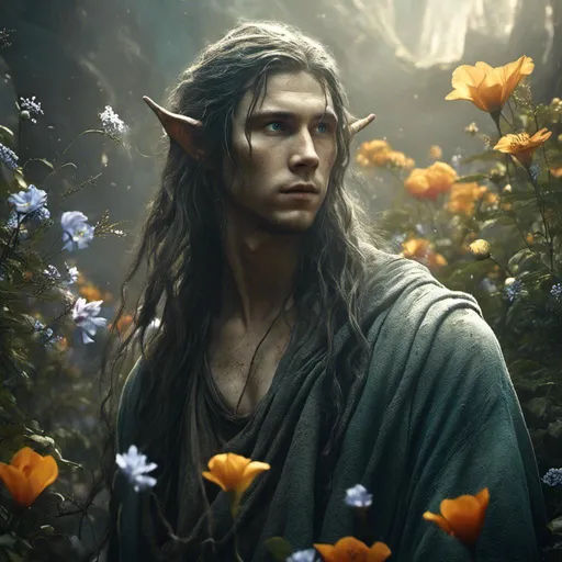 Prompt: <mymodel>(attractive male elf), chiseled facial features, long flowing hair, distinct elf ears, dynamic pose, surrounded by a vibrant landscape and flowers, dramatic lighting, atmospheric and surreal vibe, high contrast, mystical aura, ultra-detailed, cinematic HD quality.