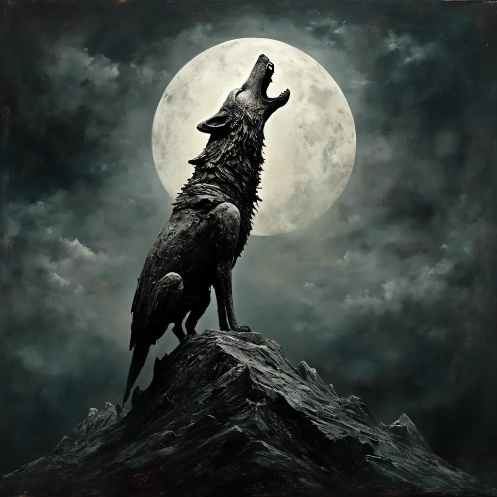 Prompt: <mymodel> wolf on a mountain top howling at the moon