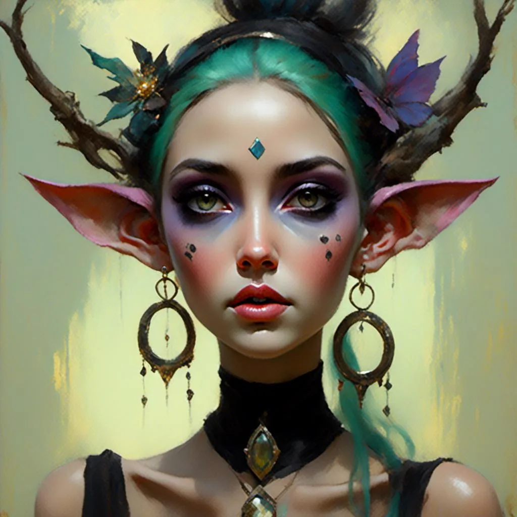 Prompt: <mymodel> attractive witchy woman with elf ears. Talking on the phone. Striking, doll-like facial features. Large, expressive eyes. Sultry.