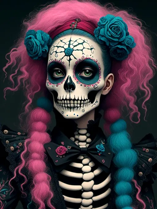 Prompt: <mymodel>skeleton face paint, close up portrait, smile