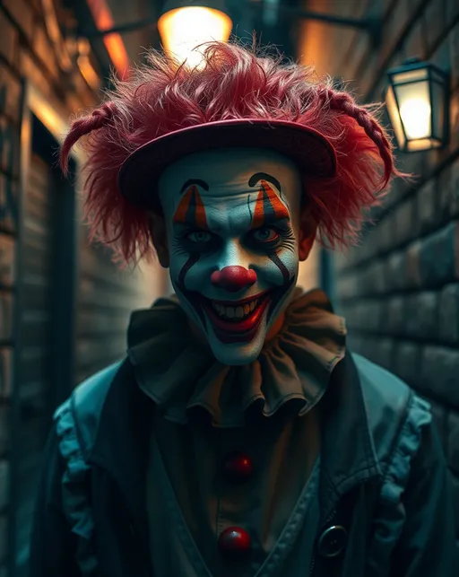 Prompt: Attractive but scary clown man in dimly lit alley