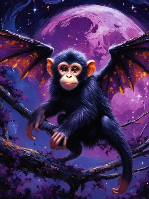 Prompt: <mymodel>(magical creature) monkey with bat wings, whimsical and fantastical, (playful pose) vibrant color palette, swirling shades of deep purple and midnight black, glowing eyes, intricate wing details, soft fur texture, enchanting fantasy background with a starry night sky, (highly detailed) ultra-detailed illustration, captivating atmosphere of wonder and charm.