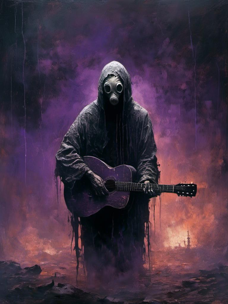 Prompt: <mymodel> (cloaked man in gas mask playing guitar), (mysterious atmosphere), dark, shadowy background, soft dramatic lighting, intricate details on the cloak texture, deep shadows emphasizing emotion, cinematic feel, (high quality), (ultra-detailed), haunting yet captivating vibe, captures both solitude and creativity in a dystopian setting, purple smoke