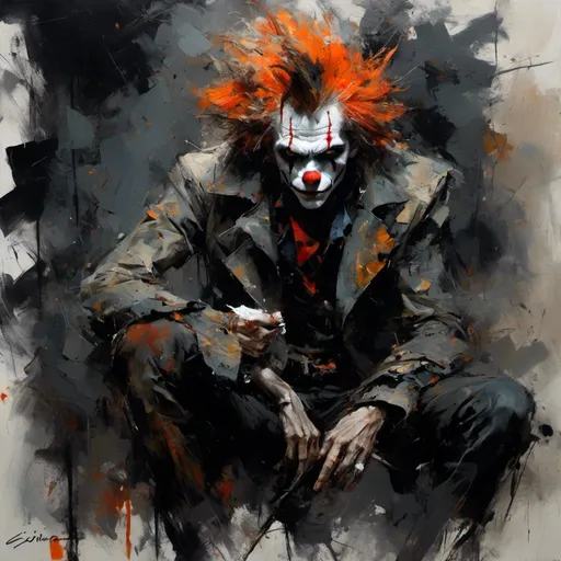 Prompt: <mymodel>(attractive man), (scary creepy unsettling clown), vivid details, expressive facial features, bold makeup, wild hair, eerie atmosphere, dramatic lighting, dark background, intense gaze, emphasis on shadows, high contrast colors, haunting vibe, artistic style portrait, ultra-detailed, 4K realism, psychologically stirring composition.