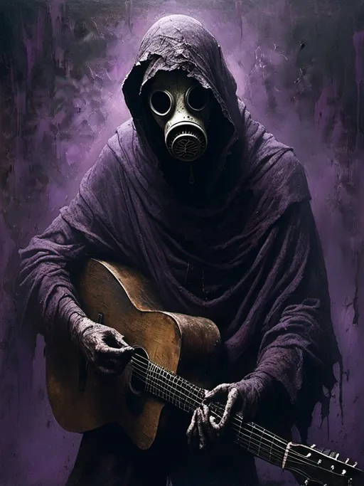 Prompt: <mymodel> (cloaked man in gas mask playing guitar), (mysterious atmosphere), dark, shadowy background, soft dramatic lighting, intricate details on the cloak texture, deep shadows emphasizing emotion, cinematic feel, (high quality), (ultra-detailed), haunting yet captivating vibe, captures both solitude and creativity in a dystopian setting, purple smoke