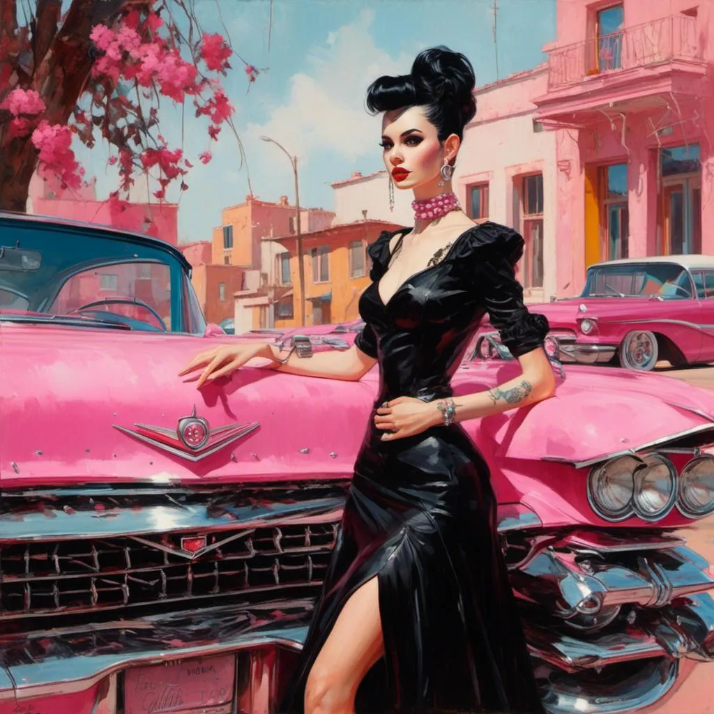 Prompt: <mymodel>(folk-art style) beautiful goth woman, standing in front of a pink 1959 Cadillac