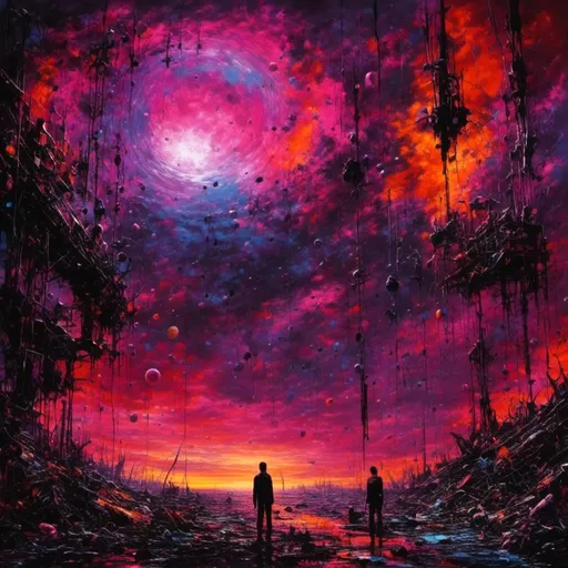 Prompt: <mymodel>(dystopian scene) vibrant color scheme, chaotic landscape, surreal elements, dark and ominous skies, intense colors blending into one another, dramatic lighting, abstract shapes, feeling of uncertainty, cosmic themes, fantastical structures, energy emanating from vibrant sources, ultra-detailed and high-quality, concept inspired by "Black Hole Sun" atmosphere.