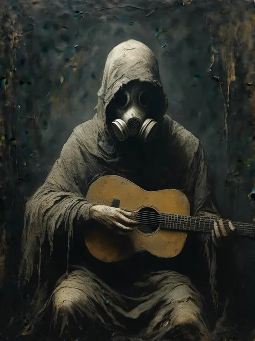 Prompt: <mymodel>  <mymodel>(cloaked man in gas mask playing guitar), (mysterious atmosphere), dark, shadowy background, soft dramatic lighting, intricate details on the cloak texture, deep shadows emphasizing emotion, cinematic feel, (high quality), (ultra-detailed), haunting yet captivating vibe, captures both solitude and creativity in a dystopian setting.