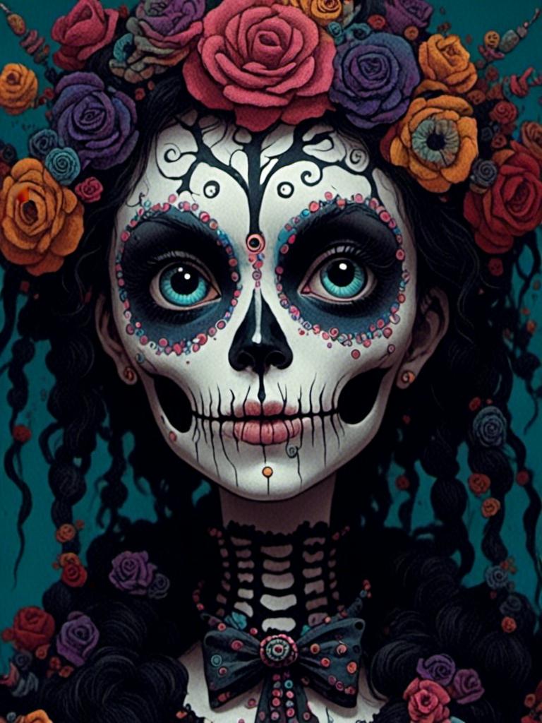 Prompt: <mymodel>skeleton face paint, close up portrait, happy